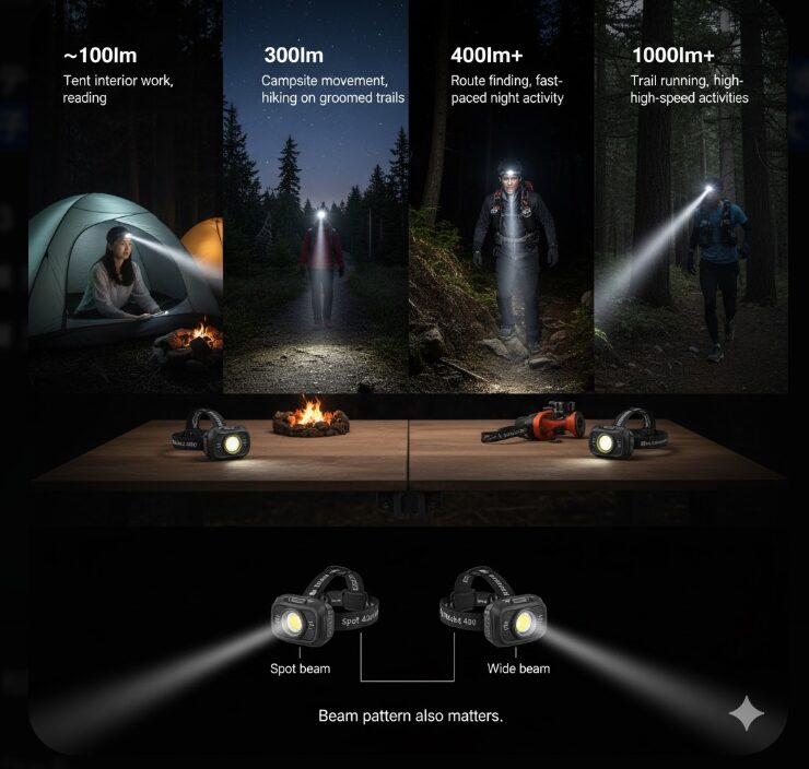 - 異なるルーメン数のヘッドライトが照らす範囲と明るさの比較、テント内、キャンプサイト、夜間行動、トレイルランニングのシーン