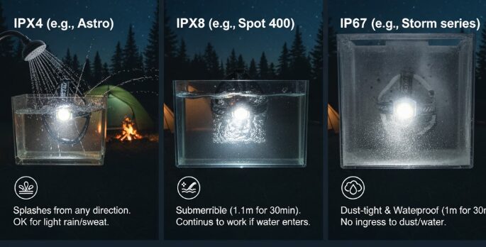 - IPX4, IPX8, IP67の各防水等級に対応するヘッドライトが、水しぶき、水中、完全密閉された水中での耐久性を比較する図