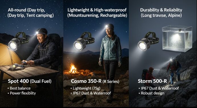 - 登山におすすめのブラックダイヤモンドヘッドライト3種類(スポット400、コズモ350-R、ストーム500-R)とそれぞれの用途例