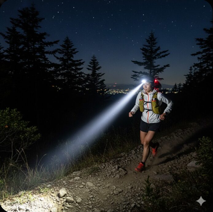 - 夜間の山道をヘッドライトをつけて走る日本人トレイルランナー
