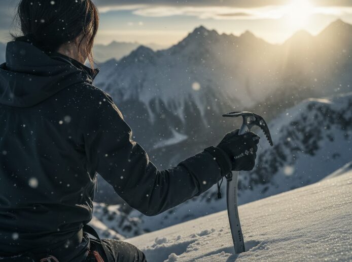 - 雪山の美しい風景の中で、ブラックダイヤモンドのグリセードグローブを着用し、アイスアックスを握る日本人女性クライマーの後ろ姿。