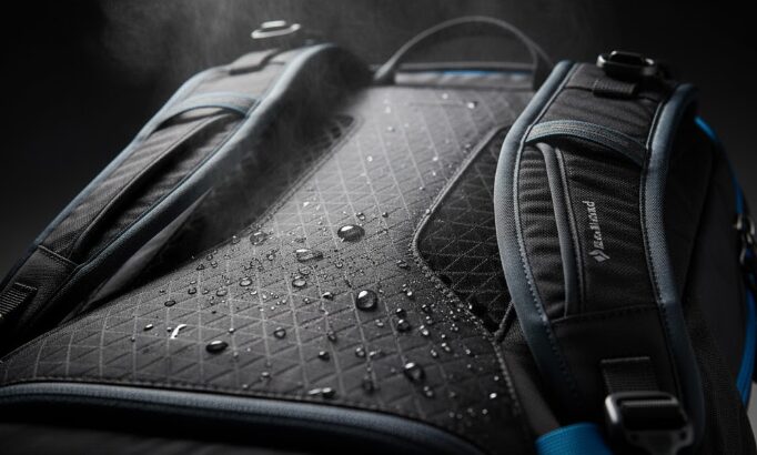 ブラックダイヤモンド ディスタンス8の背面パネルに水滴が付着しているクローズアップ画像。水蒸気は通すが水分は通さない「BD Dry™ ベイパーバリヤー」機能の防水透湿性を視覚的に表現している。