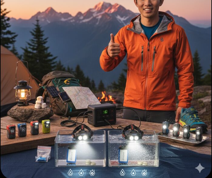 ブラックダイヤモンドのヘッドライトの比較・登山ウェアを着たリュウセイがブラックダイヤモンドのヘッドライトを装着し山で親指を立てる