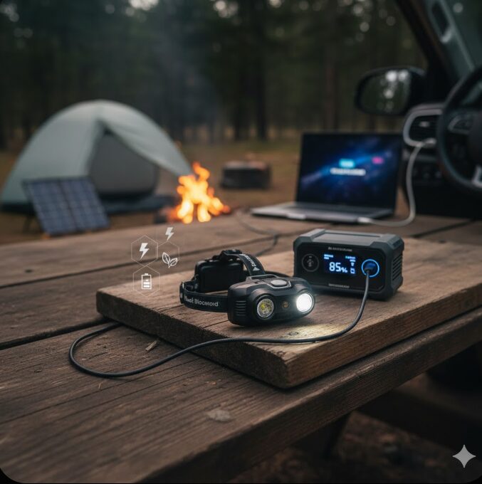 - USBケーブルでポータブル電源に接続され充電中のブラックダイヤモンドRシリーズヘッドライト