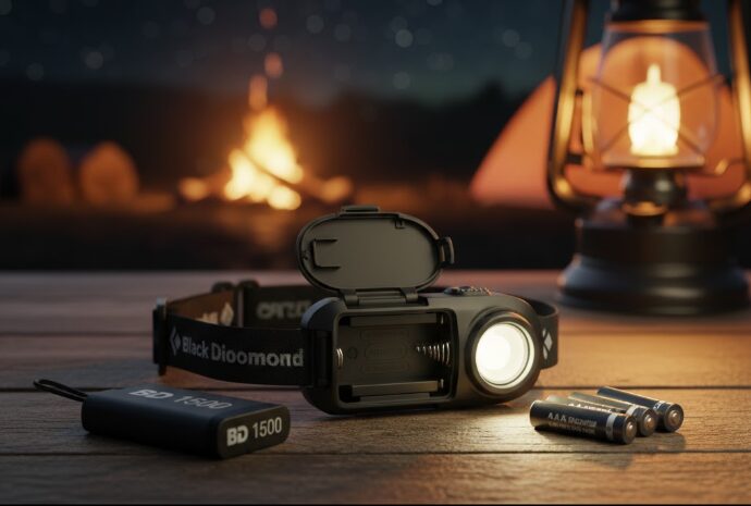 - ヘッドライトの電池蓋が開いておりBD1500充電池と単4アルカリ乾電池が並べられている