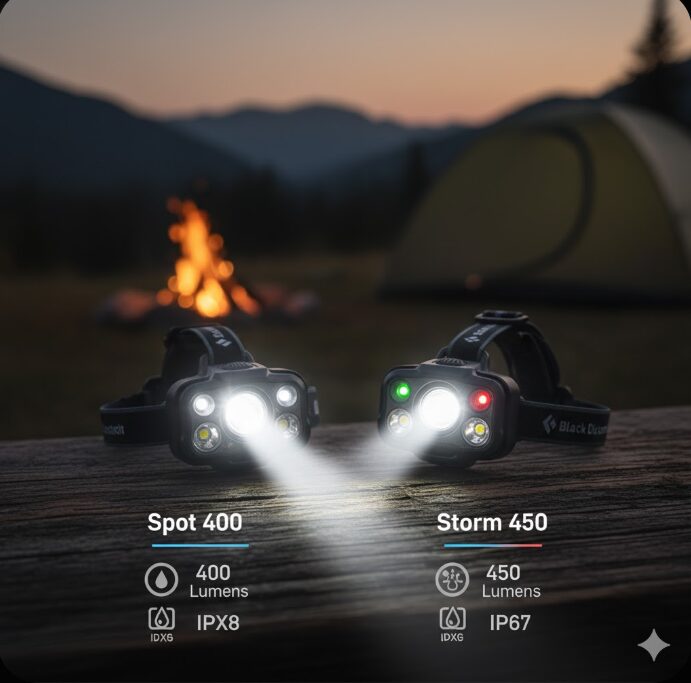 ブラックダイヤモンドのスポット400とストーム450を横に並べて比較したクローズアップ