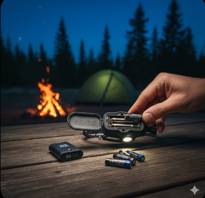 - 屋外で黒いヘッドライトのバッテリーカバーを開けて単4電池を交換している様子