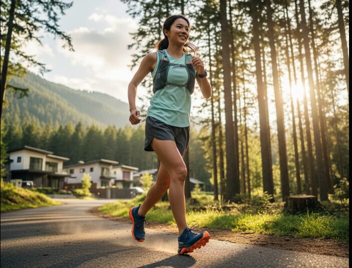 美しい日本人女性がサロモンセンスライド5を履き、森と住宅地の境にある舗装された道を爽やかにトレイルランニングしている