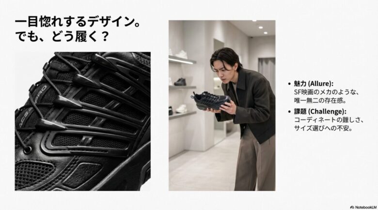 黒のSalomon ACS Proを手にとり、コーディネートを検討している男性の様子。特徴的なサイドパーツの拡大図