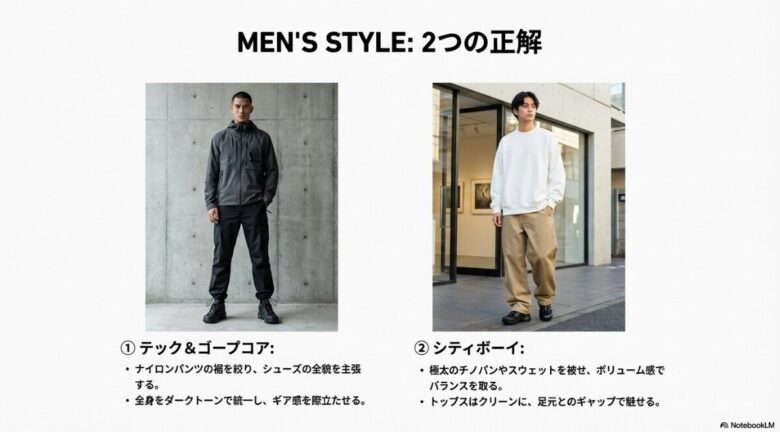 メンズスタイリングの比較画像。左はナイロンパンツを絞ったテックウェアスタイル、右はワイドチノパンを合わせたシティボーイスタイル