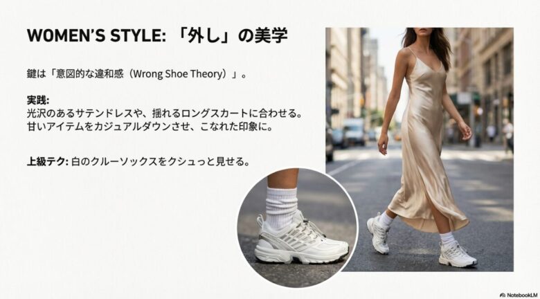 サロモン ACS Proを使ったレディースファッションの解説スライド。「Wrong Shoe Theory」に基づくドレスとの合わせ方や、白ソックス活用のコツ