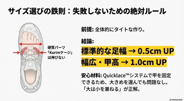 サロモン ACS Proのサイズ感解説図。足幅の広い箇所が伸びないKurimケージに当たる構造を示し、サイズアップを推奨しているイラスト