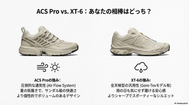Salomonの人気モデルACS Pro（左）とXT-6（右）の比較画像。通気性とデザインの違いをまとめたスライド