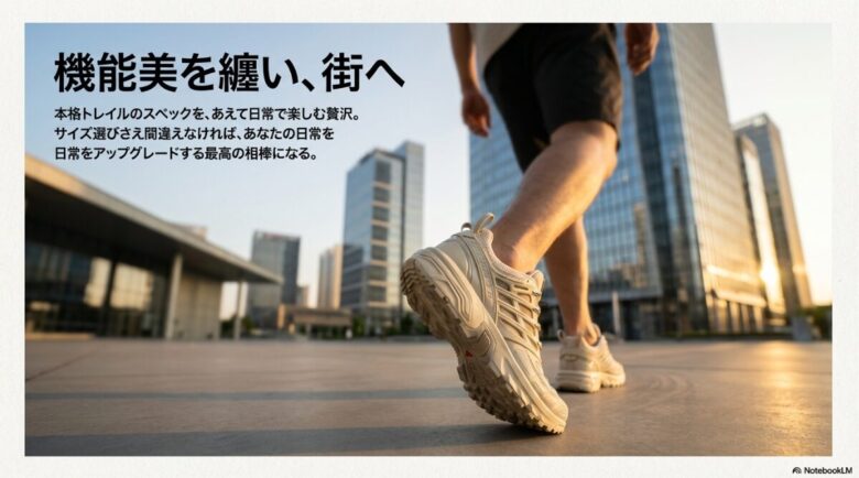 都市のビル群を背景に、ベージュのSalomon ACS Proを履いて歩く男性の足元。日常での使用イメージ