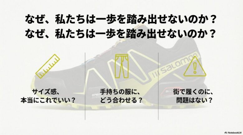 「サイズ感」「手持ちの服との合わせ方」「街で履く際の問題点」という、ユーザーが抱きやすい3つの疑問をまとめたスライド