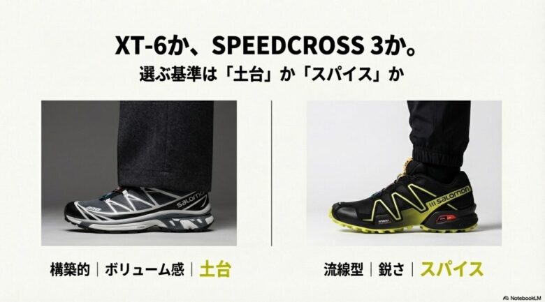 ボリューム感があり「土台」となるXT-6と、流線型で「スパイス」となるスピードクロス3のシルエットの違いを比較したスライド