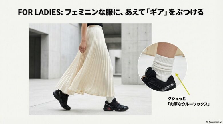 フェミニンな服にあえて「ギア」を合わせる手法や、肉厚なクルーソックスをクシュっとさせて履くスタイリングを説明したスライド