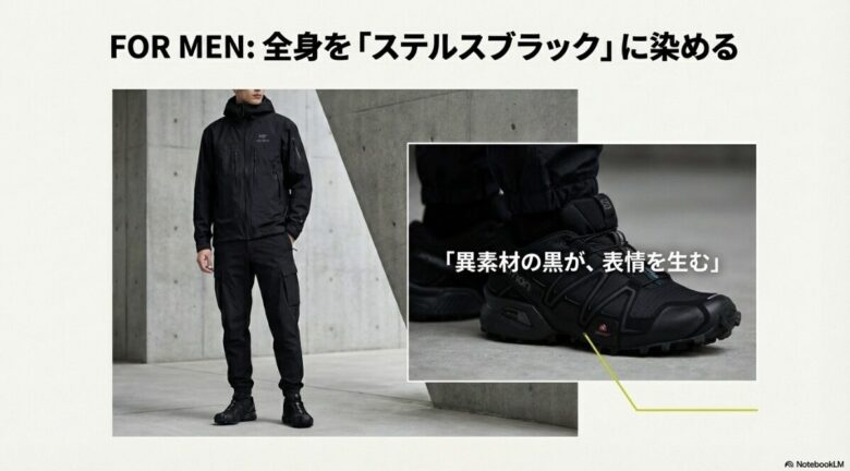 全身を黒で染め、異素材の黒を組み合わせることで表情を生む、ステルスブラックのメンズスタイリングを紹介したスライド