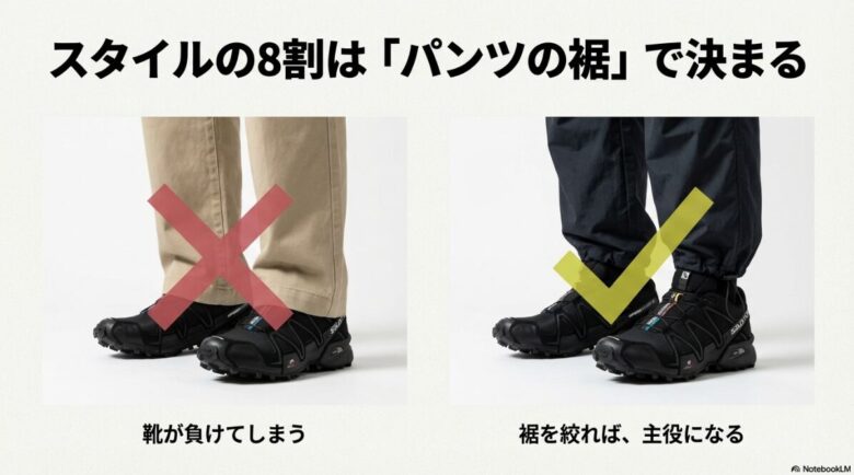 裾が広いパンツで靴が負けてしまうNG例と、裾を絞ってスピードクロス3を主役にするOK例を比較した図解スライド