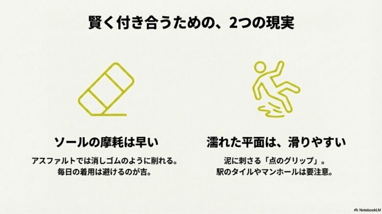 アスファルトではソールが消しゴムのように削れる点と、駅のタイルやマンホールなど濡れた平面は滑りやすいという注意点をまとめたスライド
