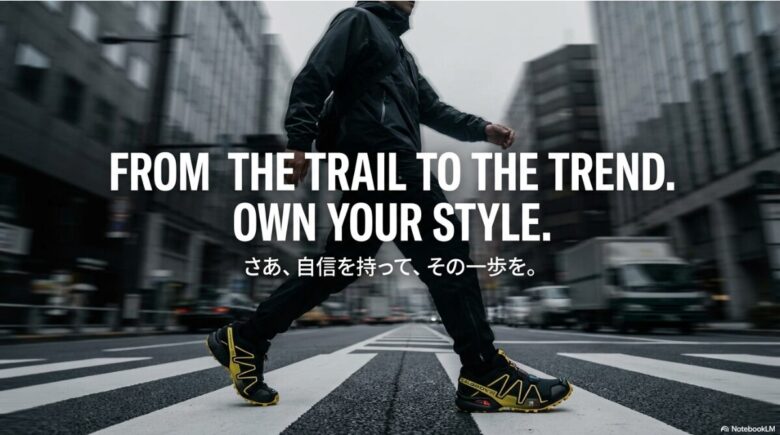 「FROM THE TRAIL TO THE TREND. さあ、自信を持って、その一歩を。」というメッセージが書かれたエンディングスライド