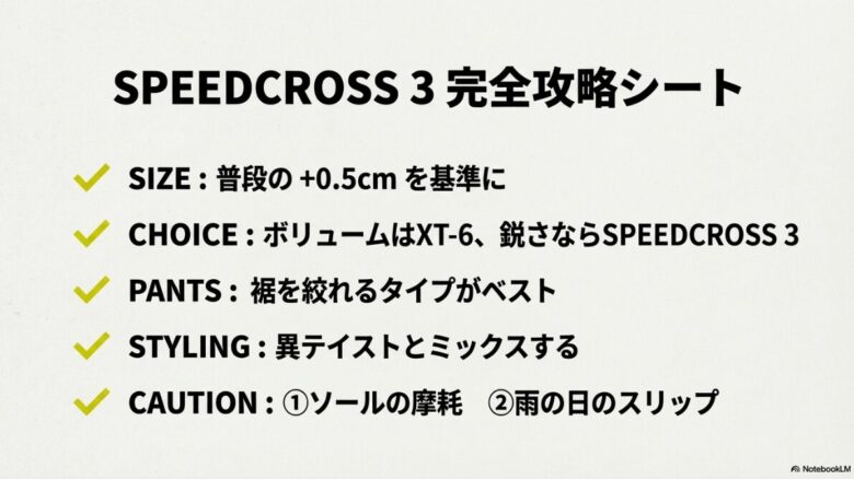 サイズ、モデル選び、パンツ、スタイリング、注意点の5つの重要ポイントを1枚に凝縮したまとめスライド