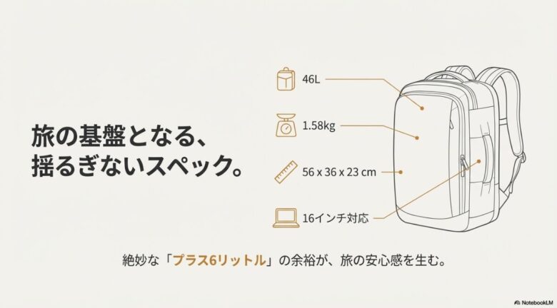 容量46L、重量1.58kg、外寸56x36x23cm、16インチPC対応といったソージョンポーター 46の基本スペックをイラストで解説するスライド