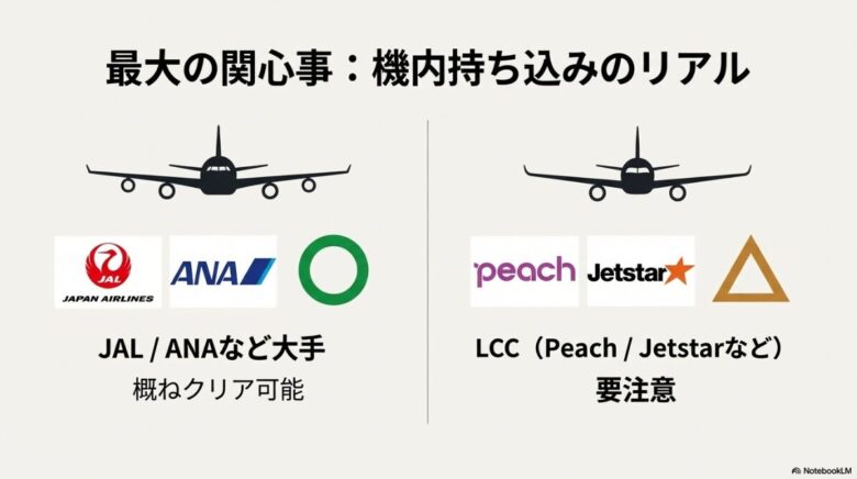 JALやANAなどの大手航空会社は概ねクリア可能だが、PeachやJetstarなどのLCCは要注意であることを示す飛行機のイラスト入りスライド