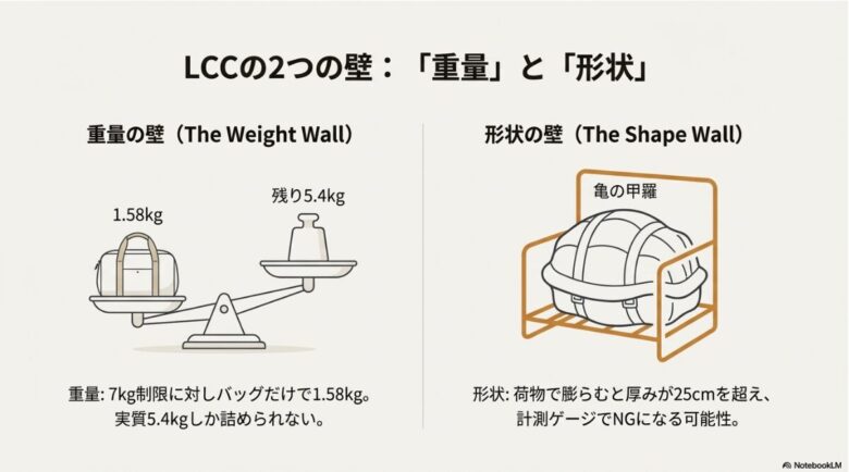 LCCの7kg制限（実質5.4kg）と、荷物で膨らんだ際の厚み制限（25cm超え）が計測ゲージでNGになるリスクを解説するスライド