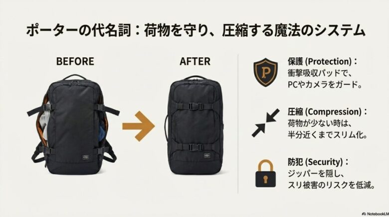 荷物の保護、少ない時のスリム化、ジッパーを隠す防犯効果を、圧縮前後の比較写真で解説するスライド