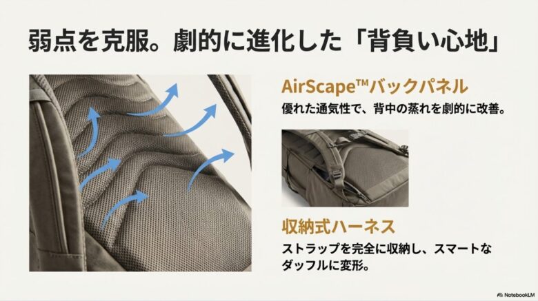 通気性を改善したAirScapeバックパネルと、ストラップを完全に収納してダッフルバッグに変形できる機能を解説するスライド