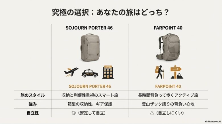 収納・利便性重視のポーターと、背負い心地・アクティブ旅重視のファーポイントの違いを比較表で示すスライド