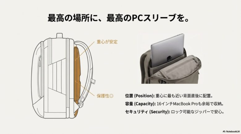 重心が安定する背面直後に配置され、16インチMacBook Proも収納可能なロック可能ジッパー付きPCスリーブを解説するスライド