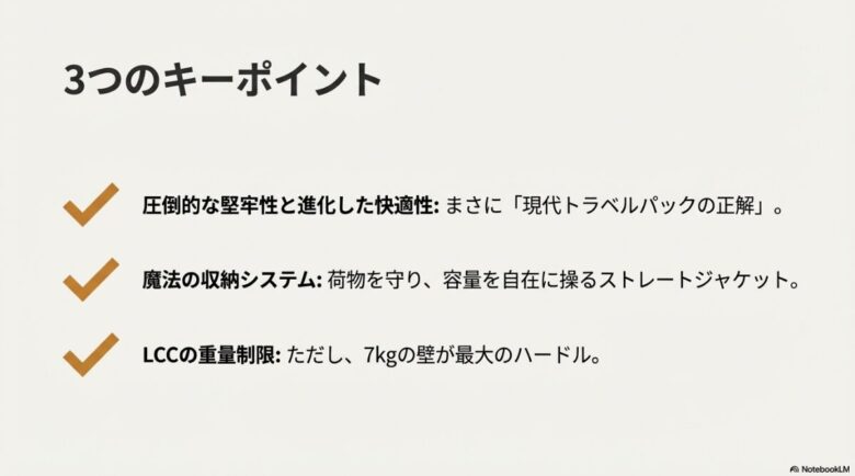 圧倒的な堅牢性と快適性、魔法の収納システム、LCCの7kg制限という3つの重要ポイントをまとめたスライド