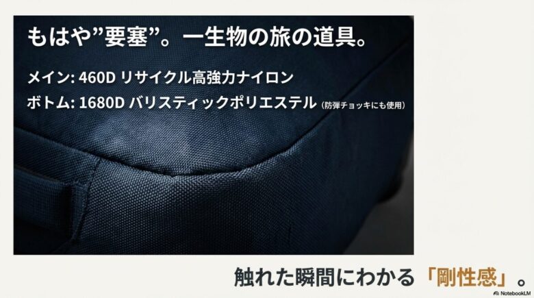 メインに460Dリサイクル高強力ナイロン、ボトムに1680Dバリスティックポリエステルを採用し、要塞のような剛性感を持つことを解説するスライド