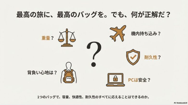 旅行用バッグの機内持ち込みや耐久性、背負い心地などの悩みに対し、堅牢性・収納力・快適性をアップデートした新型ソージョンポーター 46が回答となることを示すスライド。