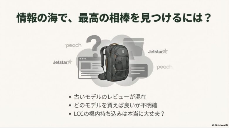 LCC機内持ち込みや新旧モデルの違いなど、ユーザーが迷いやすいポイントをまとめたスライド