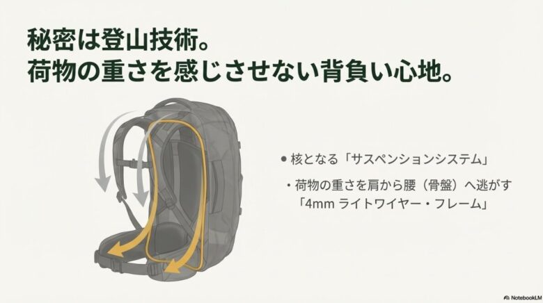 バックパック内部の4mmライトワイヤー・フレームが、荷重を肩から腰へ逃がす仕組みを解説したイラスト