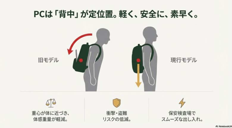 旧モデルと現行モデルのPC収納位置を比較し、重心が体に近づくことで軽く感じる仕組みを説明した図