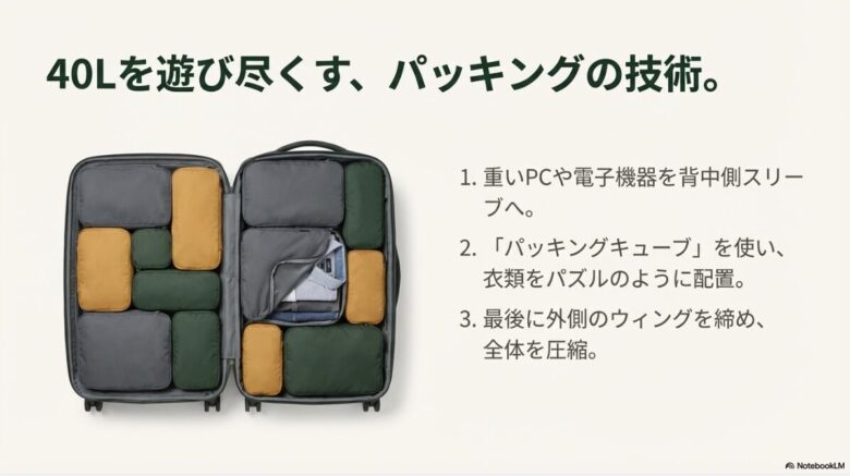 メインコンパートメントにパッキングキューブをパズルのように配置した、整理整頓の例