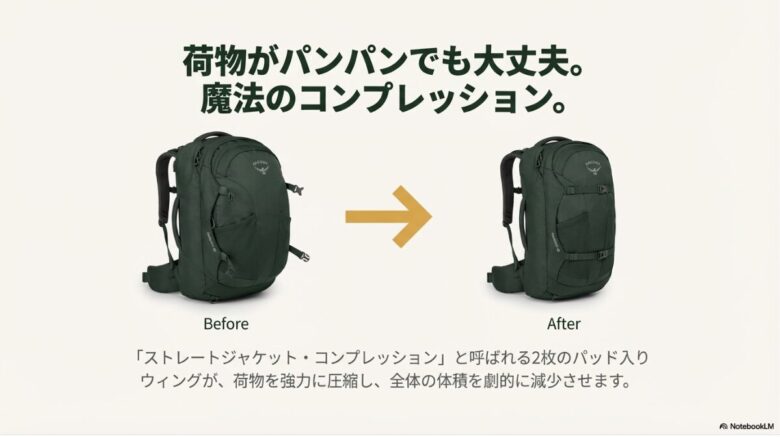 コンプレッションウィングを締める前と後で、バッグの厚みが劇的に減少している様子を比較した画像