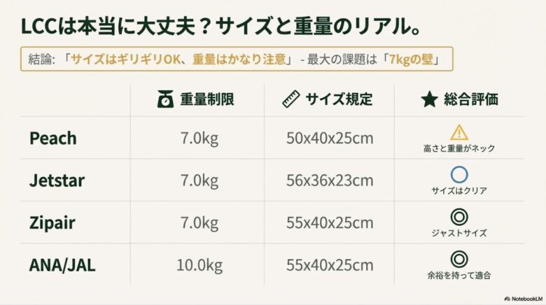 Peach、Jetstar、Zipair、ANA/JALの重量・サイズ制限とファーポイント40の適合度をまとめた比較表