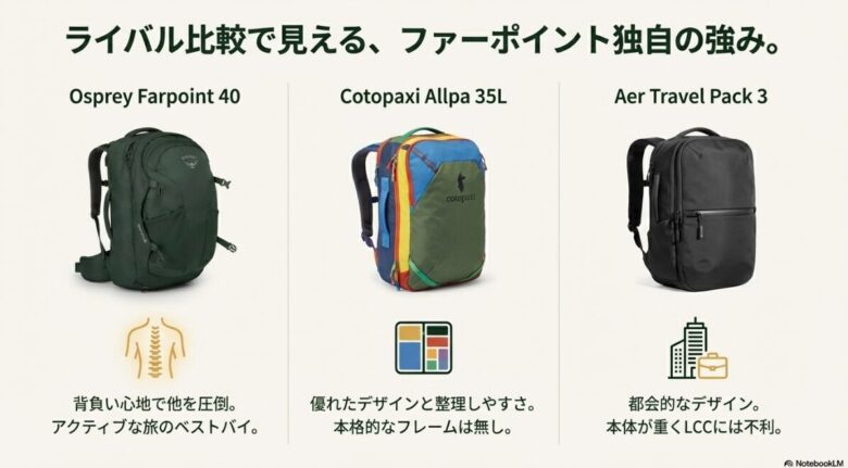 オスプレー、コトパクシ、エアーの3製品を並べ、それぞれの強み（背負い心地、デザイン、整理しやすさ）を比較したスライド