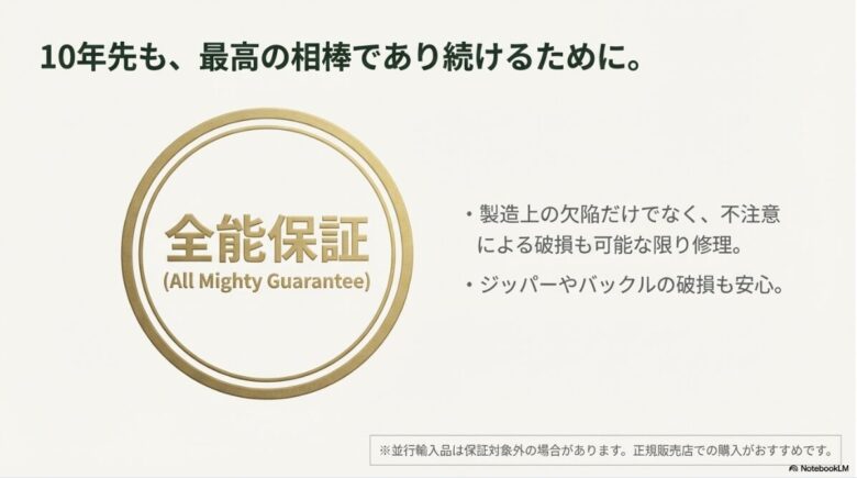 製造上の欠陥だけでなく、不注意による破損も修理対象となる全能保証の内容と、正規店購入のメリットを記載したスライド