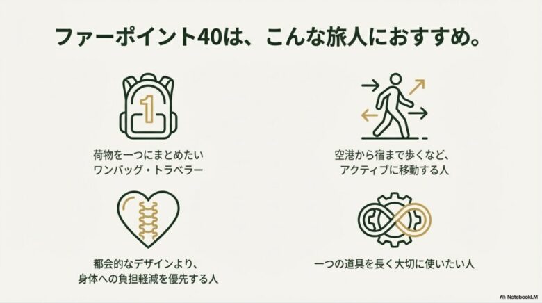 ワンバッグ・トラベラーや身体への負担を優先する人など、ターゲット層をアイコンで示したスライド