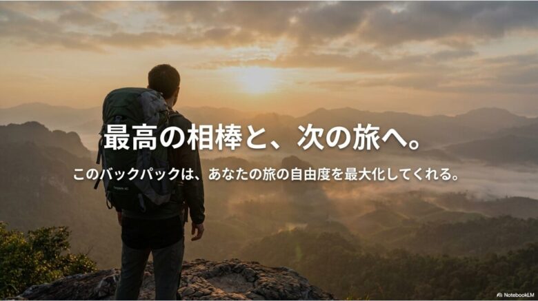 「最高の相棒と、次の旅へ。」というメッセージを添えた、まとめのエンディングスライド