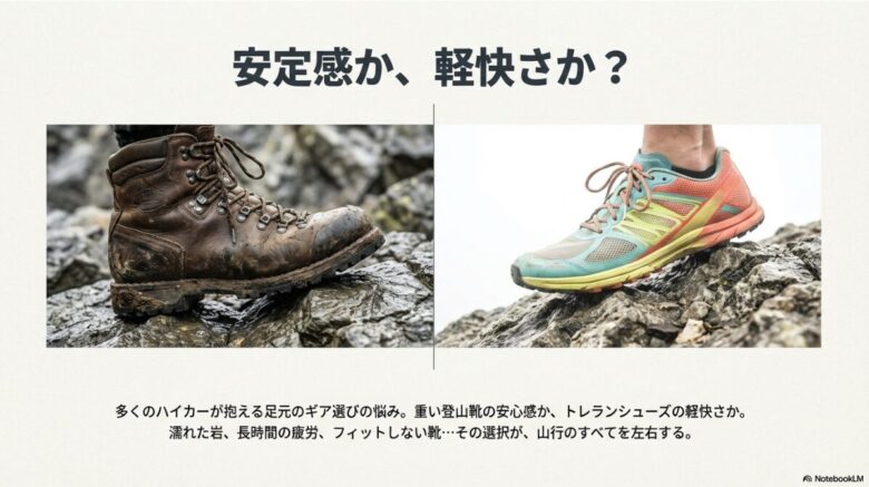 重厚な登山靴と軽量なトレランシューズの比較画像。多くのハイカーが抱えるギア選びの悩みを表現