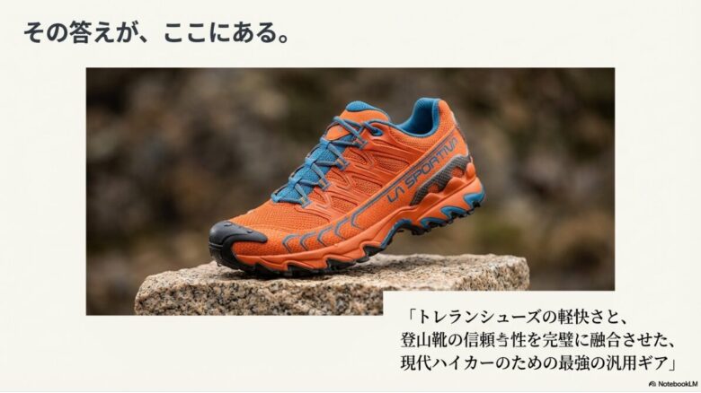 岩場に置かれたウルトララプター2の画像と「トレランシューズの軽快さと、登山靴の信頼性を完璧に融合させた最強の汎用ギア」という説明文