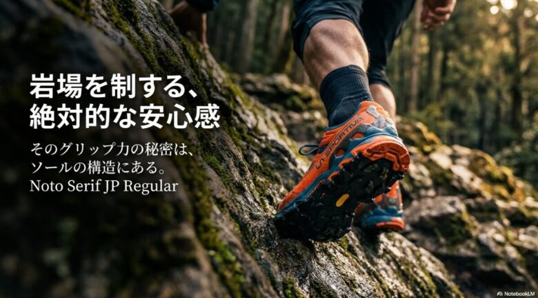 「岩場を制する、絶対的な安心感」という文字と、ソールの構造に焦点を当てたイメージ