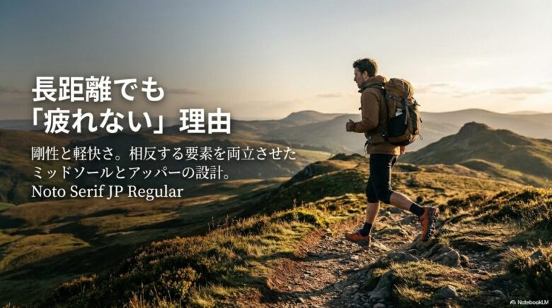 「長距離でも疲れない理由」というタイトルと、シューズのアッパーおよびミッドソール設計の解説